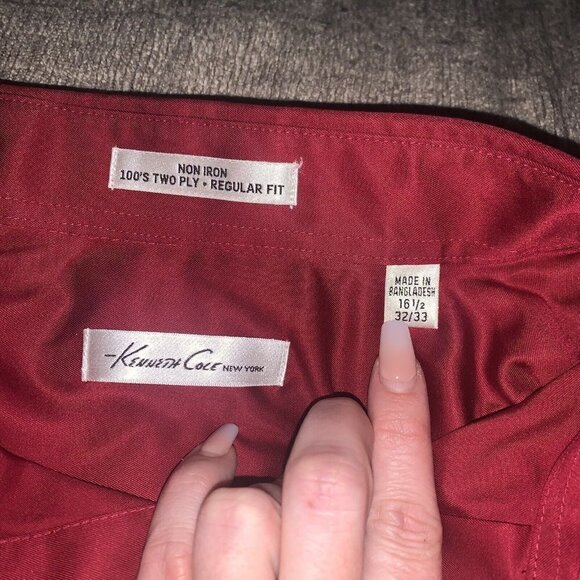 Kenneth Cole Red Button Up Long Sleeve 100's Two Ply Non Iron Shirt Size 16.5 - Picture 7 of 9